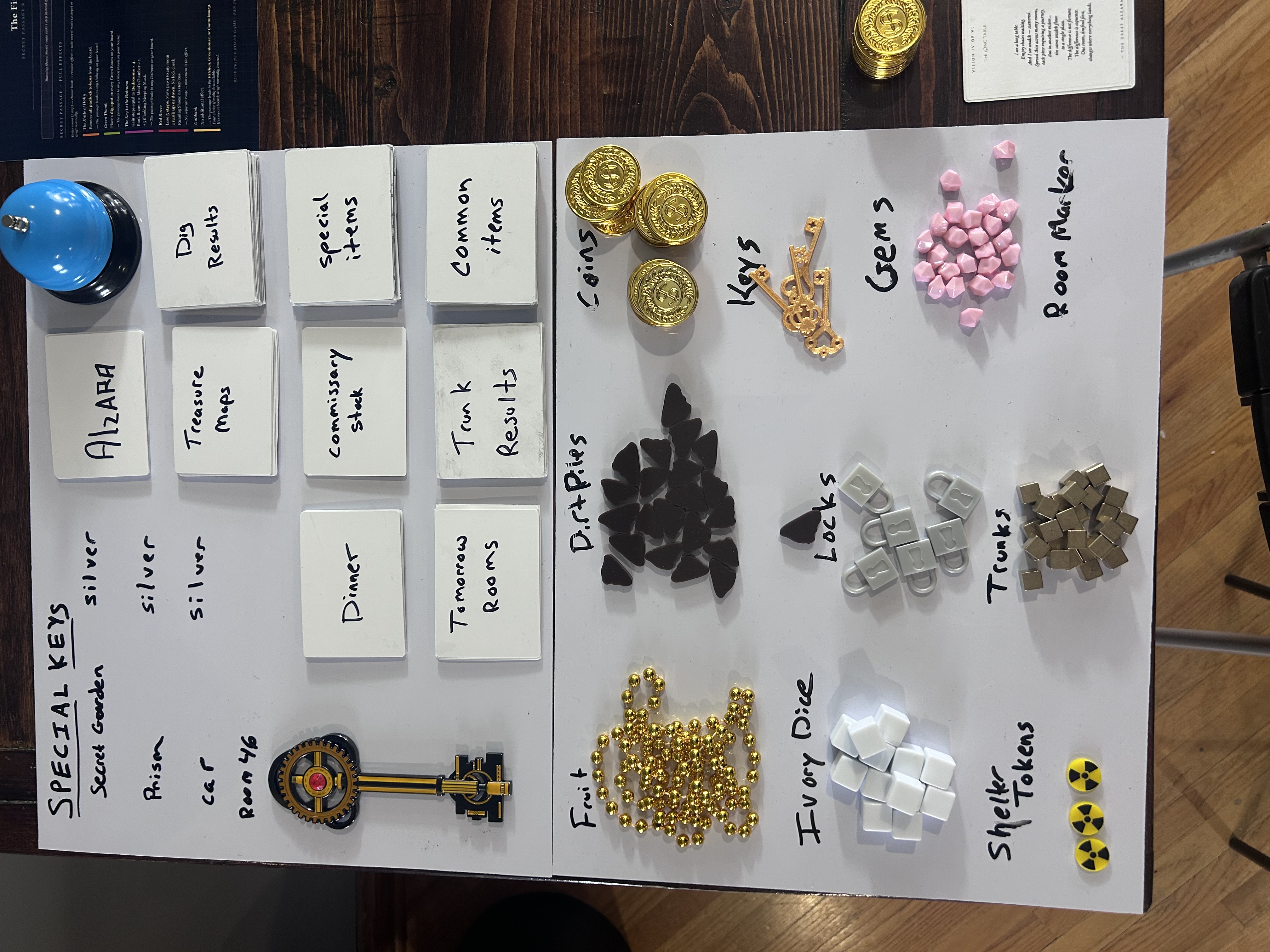 Component tray showing all tokens, card decks, special keys, and service bell