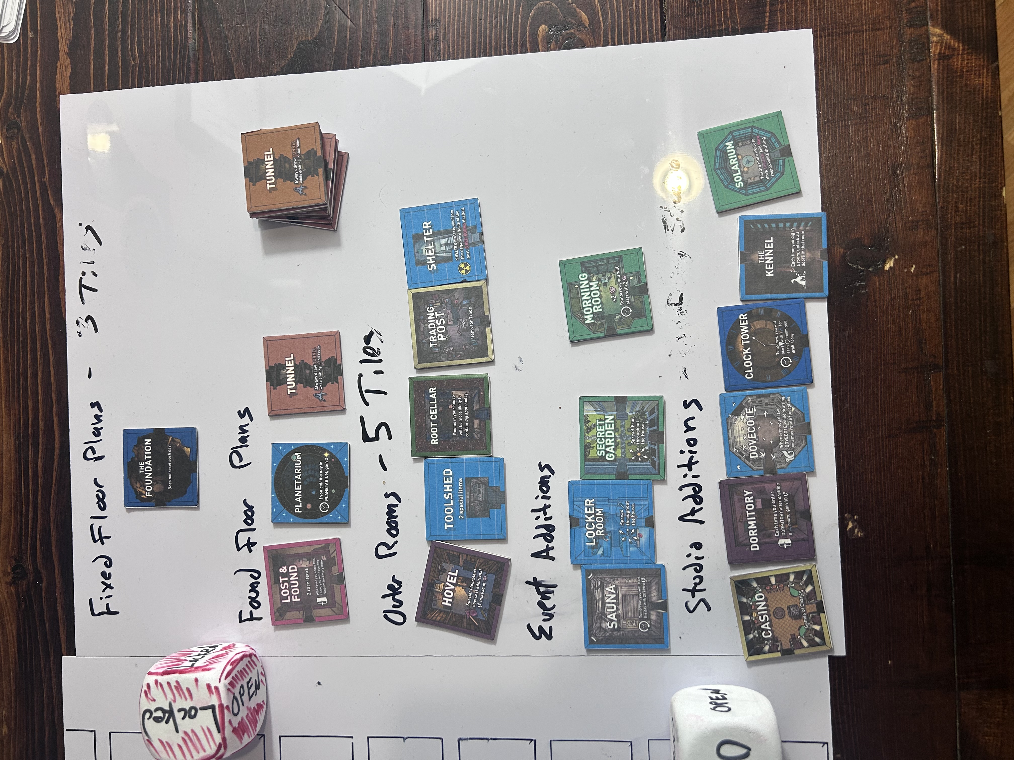 Side board showing tile categories with handwritten labels