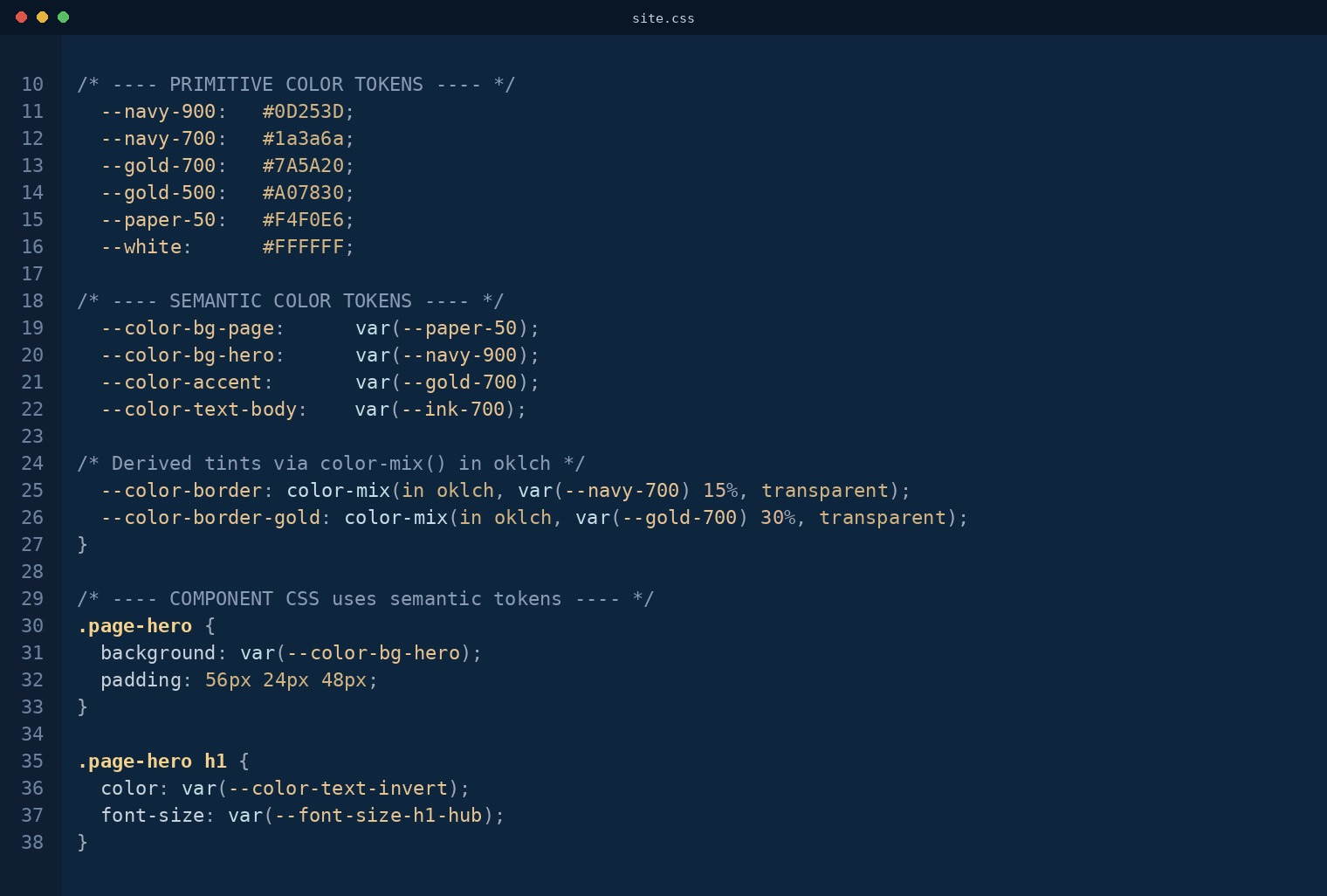 A screenshot of the site.css design tokens section showing primitive and semantic color tokens, container widths, and typography tokens