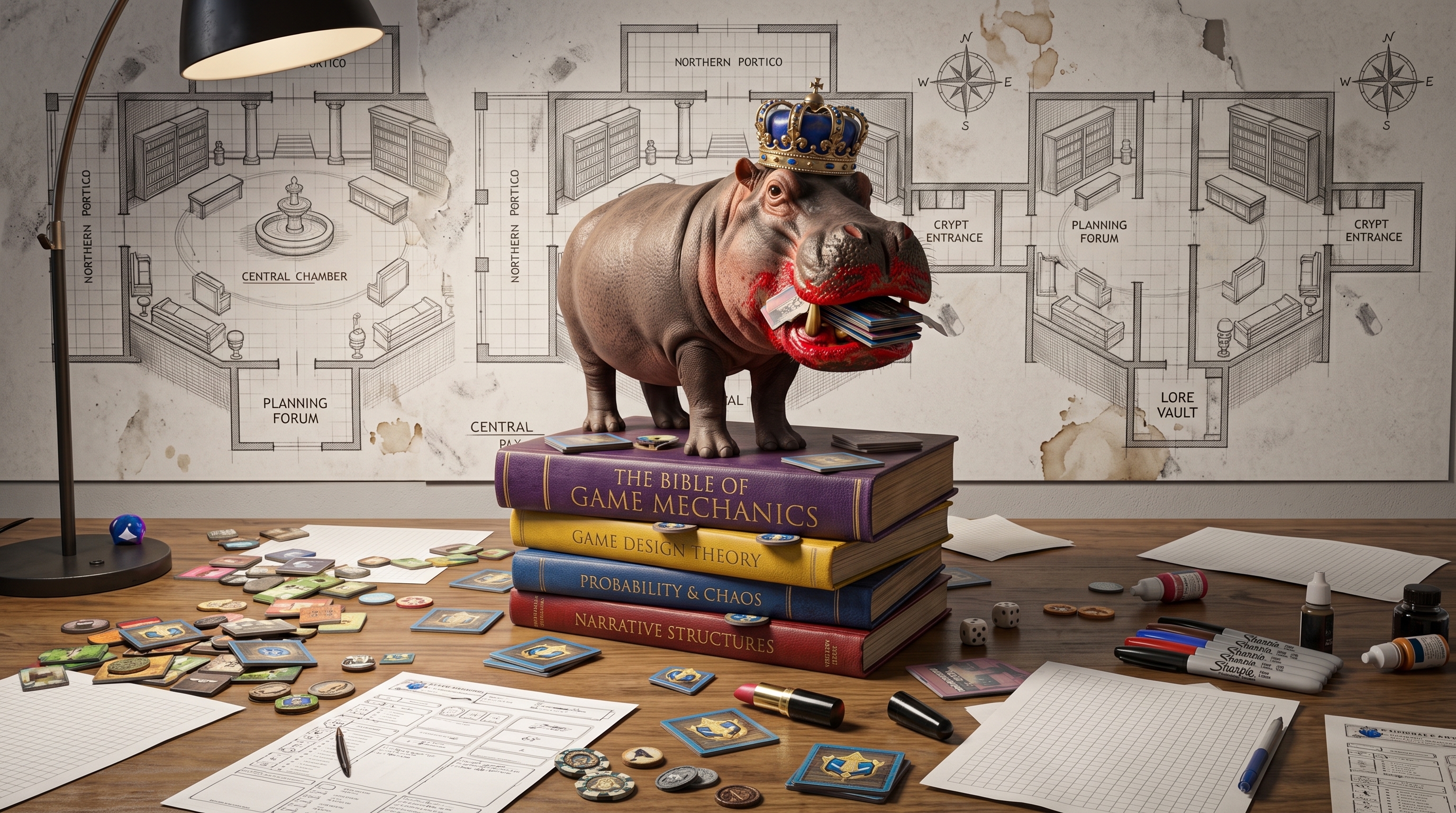 A crowned hippopotamus in smeared red lipstick, a mouthful of room tiles, standing on a stack of game design books on a desk strewn with tiles, tokens, dice, Sharpies, a tube of lipstick and blank grid paper, a manor blueprint on the wall behind