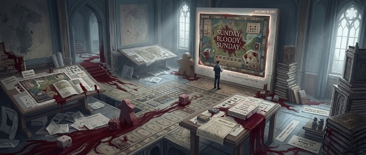 Gothic design studio in chaos — scattered tile art, blood-red rivers across the floor, designer before a monitor reading MISSING BLEED
