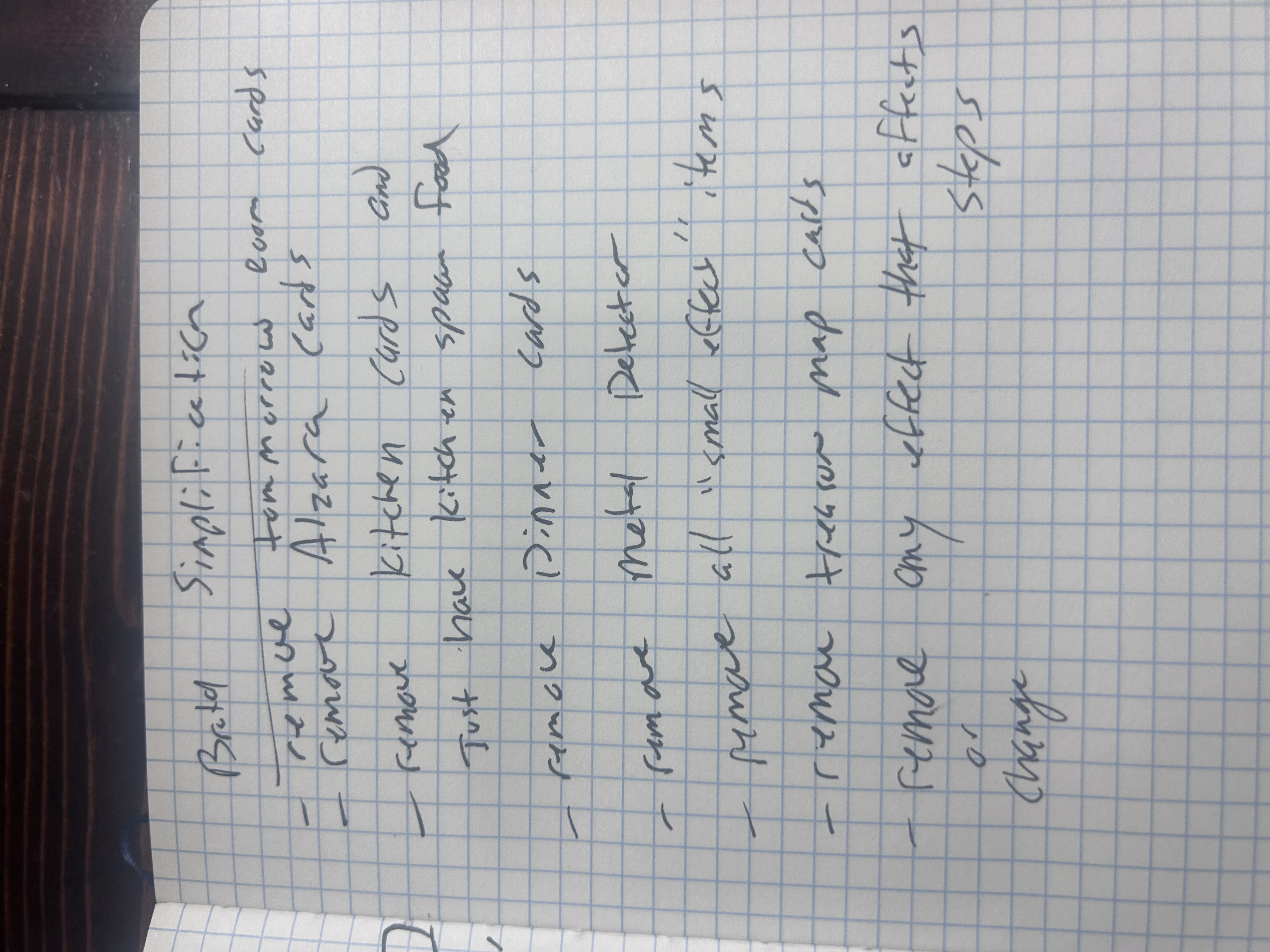Handwritten notes in a grid notebook — a list titled Brutal Simplification, written on Memorial Day weekend