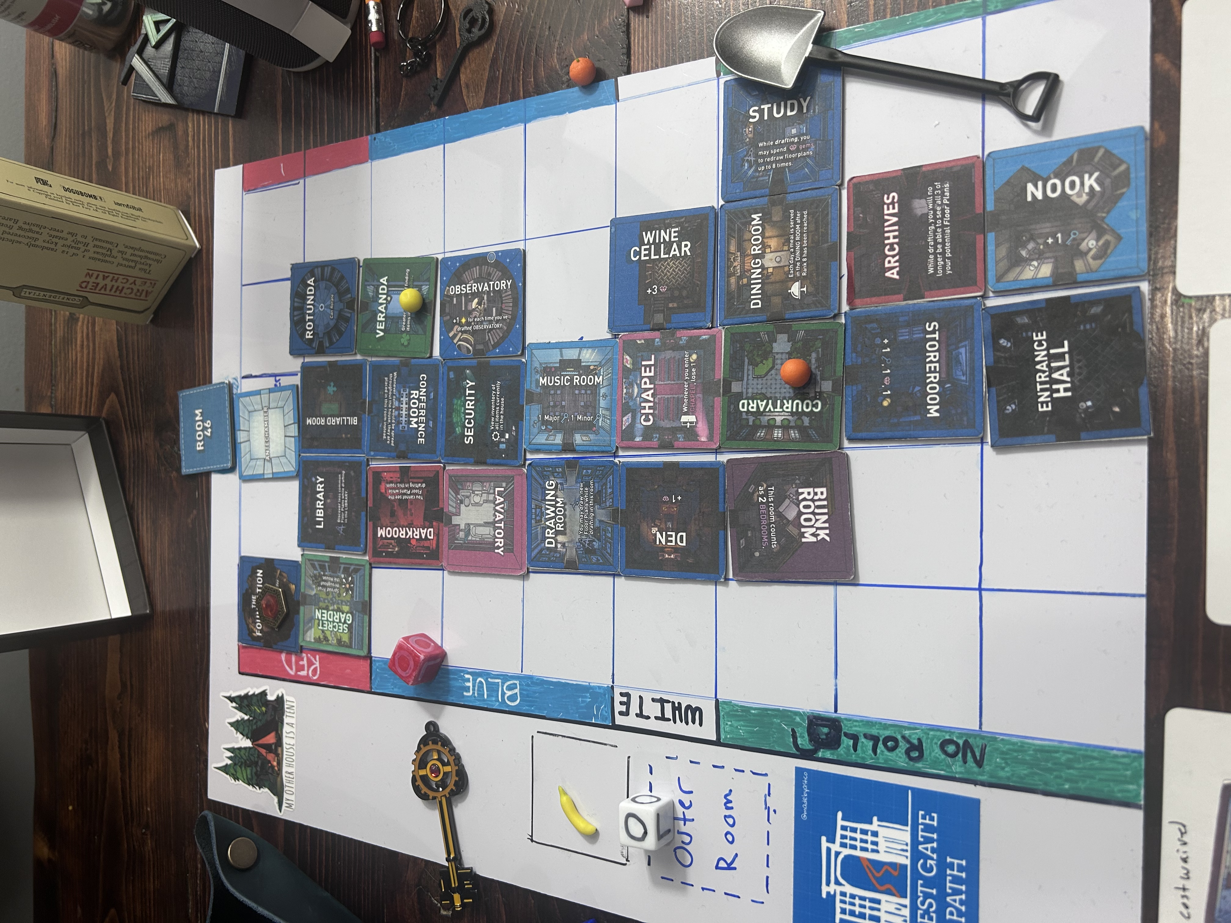 Full board state on Day 3 — Room 46 visible at top, estate built out with 20+ rooms