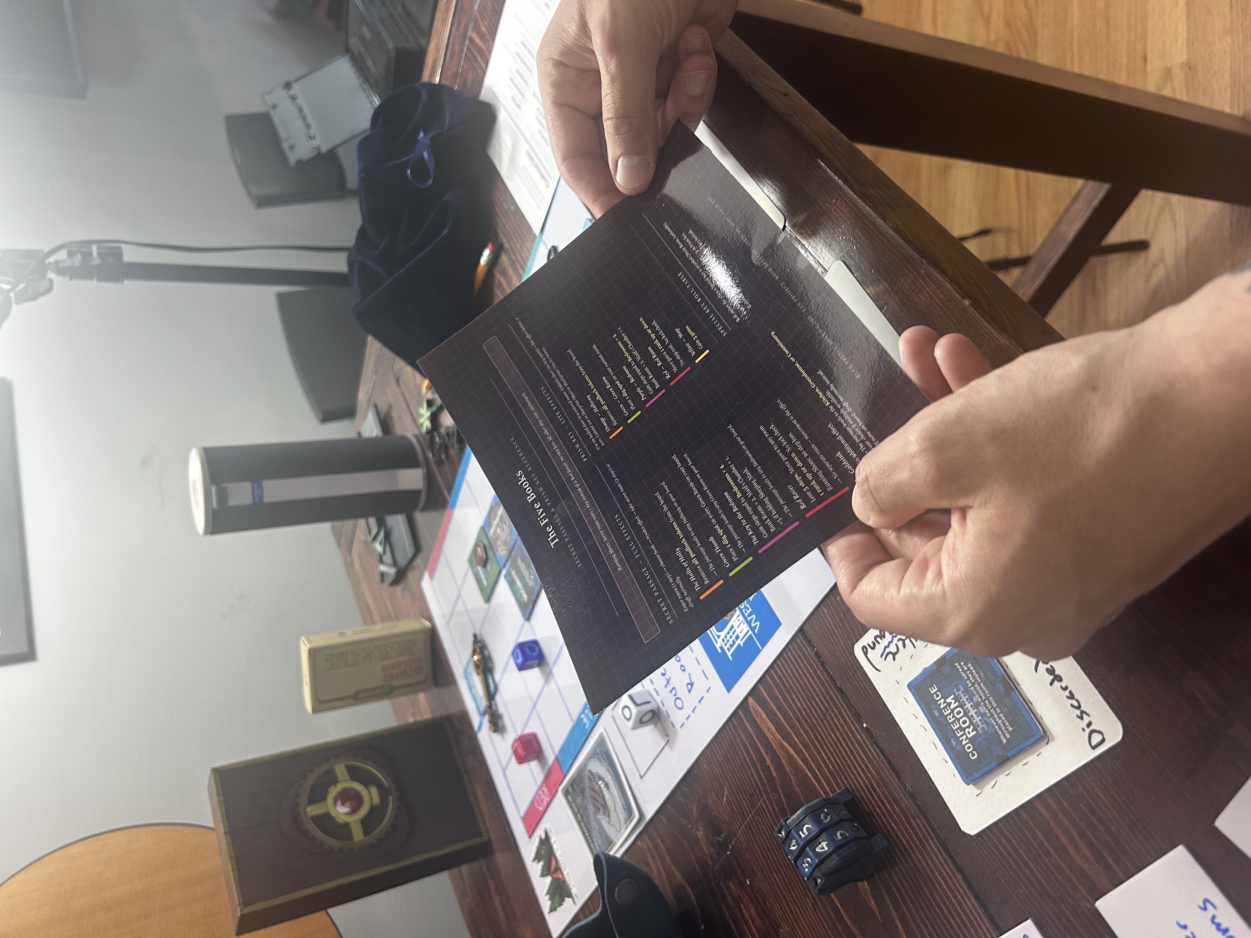 Player reading the Five Books reference card during play