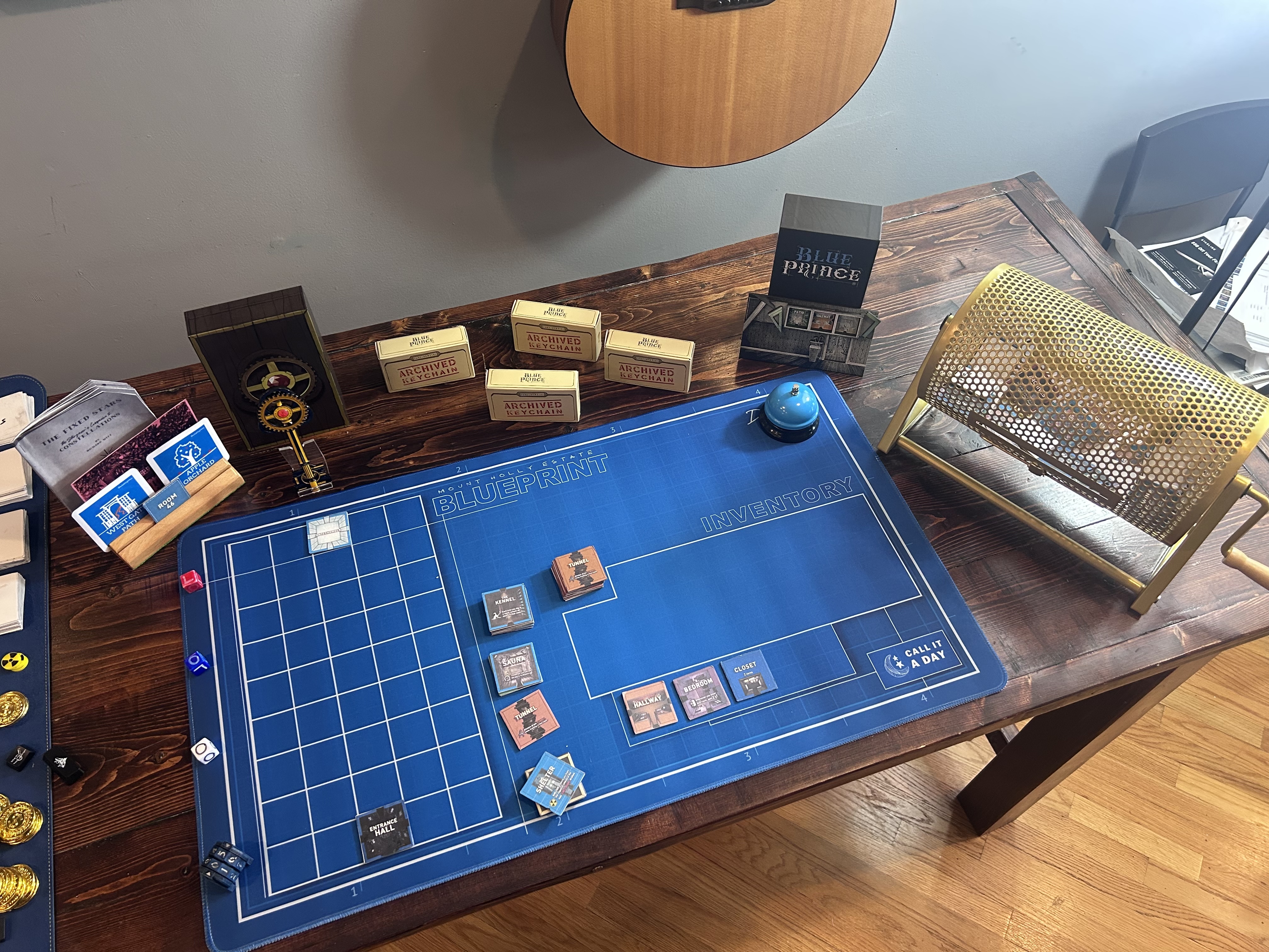 Overhead view of early game state — just a few tiles placed, spinner off to the right