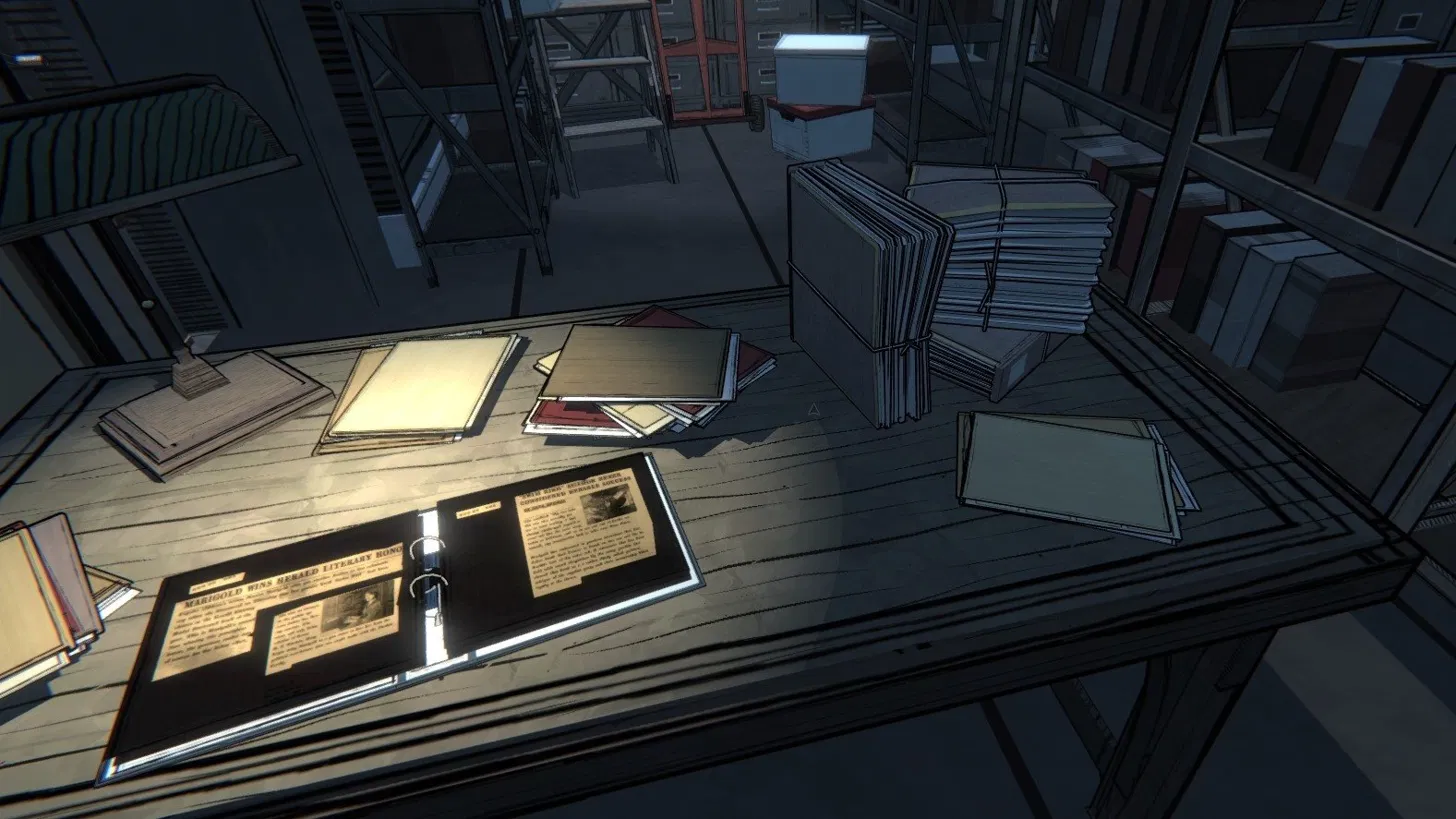 The Archives room in Blue Prince — a dark, cluttered space with stacked documents, folders, and a scrapbook open on a central table under a single light