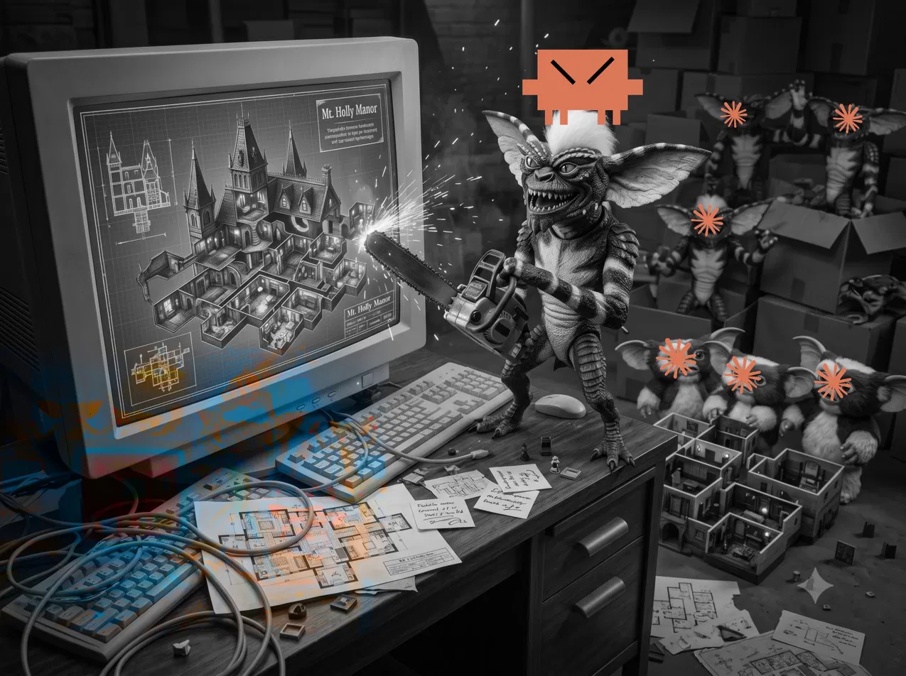 A gremlin wielding a chainsaw stands on a desk covered in game design notes, with Mt. Holly Manor blueprints on the monitor behind it