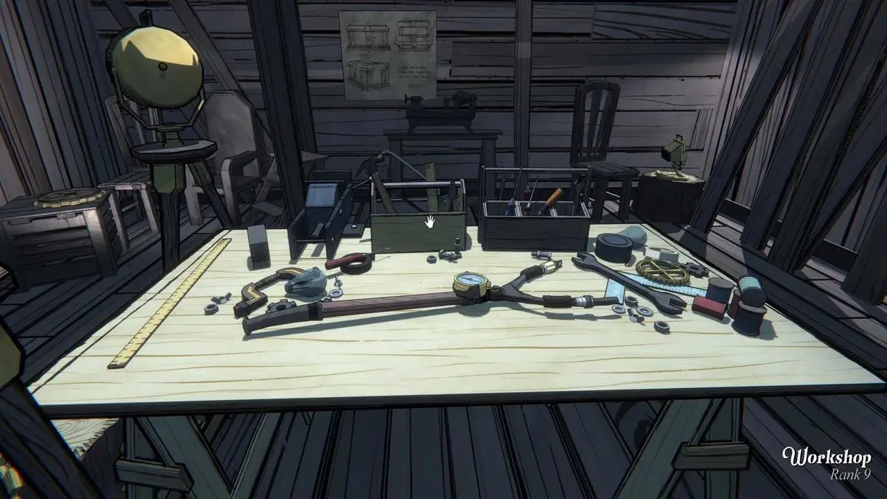 The Workshop room in Blue Prince — tools and instruments spread across a wide workbench, a ruler, clamps, gears, and open toolboxes on a pale wooden surface