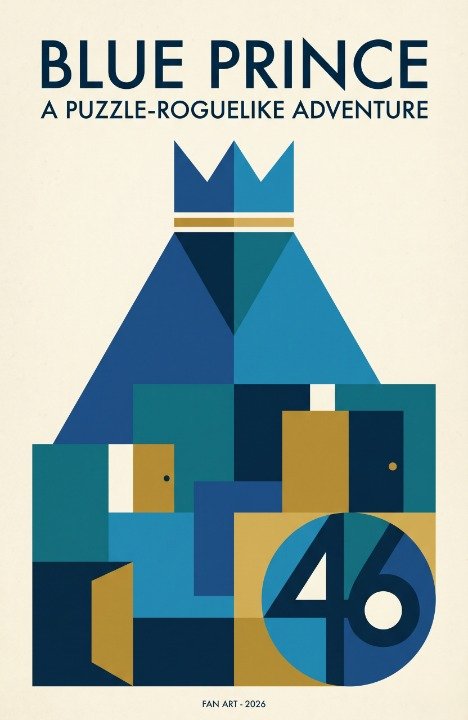 Geometric fan-art poster in blues and gold reading BLUE PRINCE, A Puzzle-Roguelike Adventure, with a crown above a stylized arrangement of doors and rooms and a circular 46, labeled FAN ART 2026