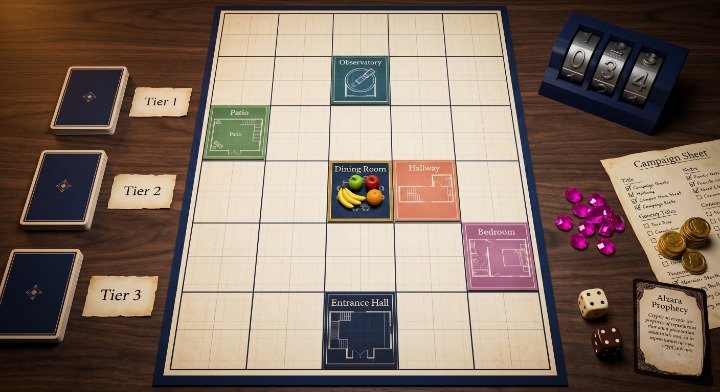 An early concept render of the board game: a navy-bordered grid board with blueprint-style room tiles (Observatory, Patio, Dining Room, Hallway, Bedroom, Entrance Hall), three tiers of card decks on the left, a numbered dice tower, a Campaign Sheet, gems, coins, and an Alzara Prophecy card on the right