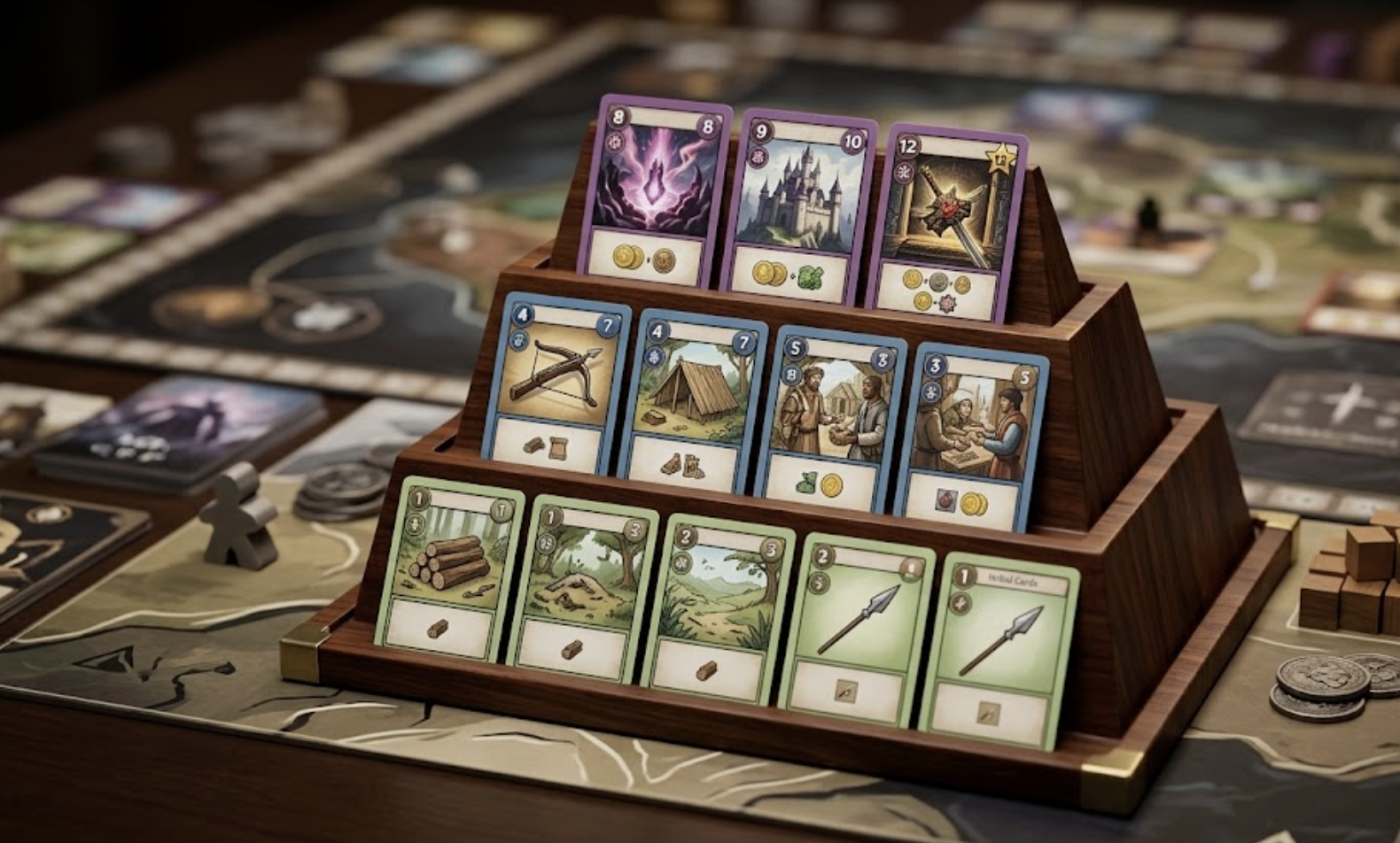 Tiered wooden card display board showing a three-row card market