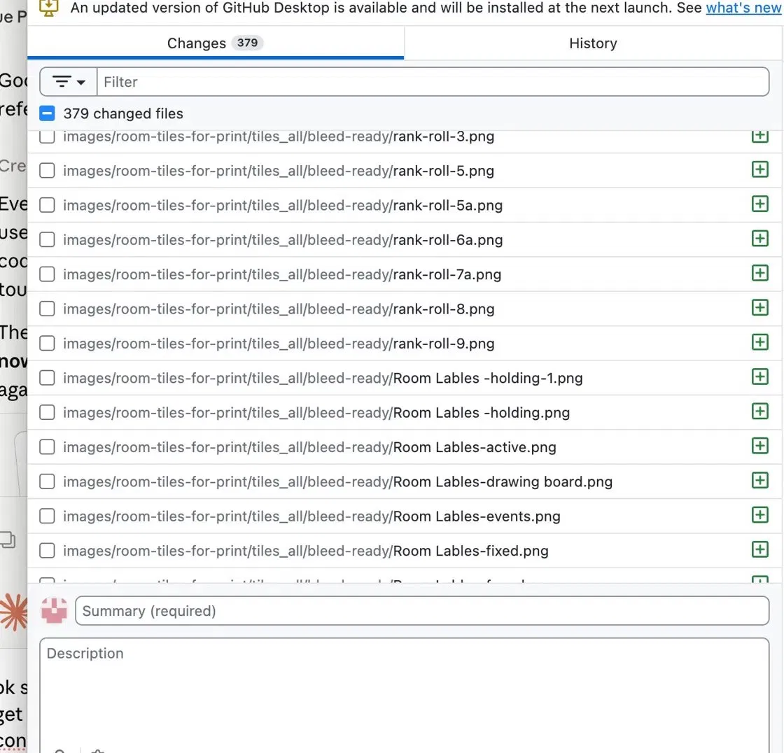 GitHub Desktop showing 379 changed files — hundreds of tile image paths listed, each requiring manual unchecking before every commit