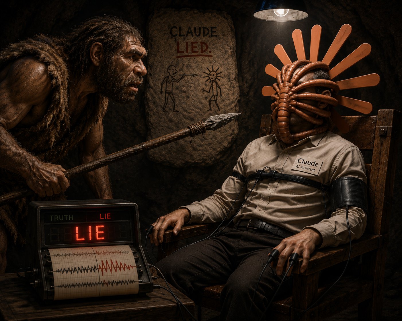 A cave scene: a caveman with a spear leans over a figure strapped to a wooden chair, wearing a Claude AI Assistant name tag with an orange starburst over his face, wired to a lie detector whose display reads LIE; a cave painting behind them reads Claude lied