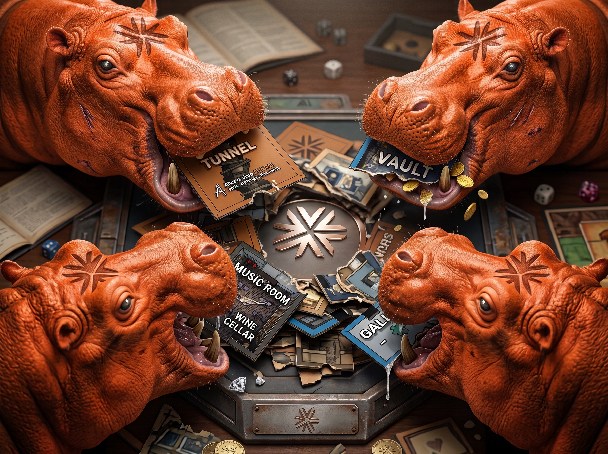 Four hippopotamuses around the game board, an orange starburst branded on each forehead, chewing the Tunnel, Vault, Music Room, Wine Cellar and Gallery tiles into pulp, with coins falling out of one mouth