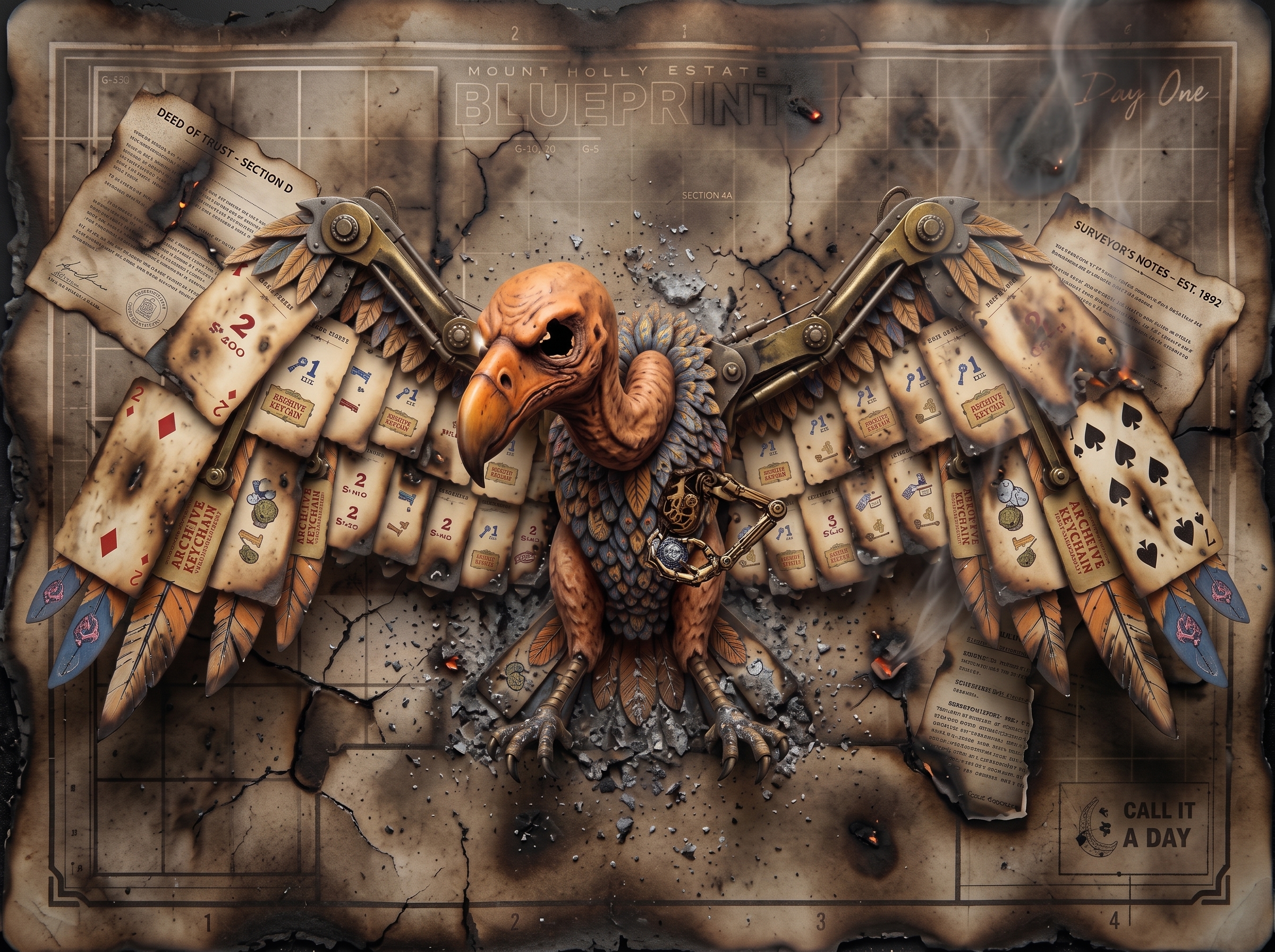 A vulture with wings built from burnt playing cards and Archive Keychain cards and brass mechanical joints, standing on a scorched Mount Holly Estate blueprint marked Day One, the Deed of Trust and Surveyor's Notes smouldering at the edges, with the words CALL IT A DAY in the corner