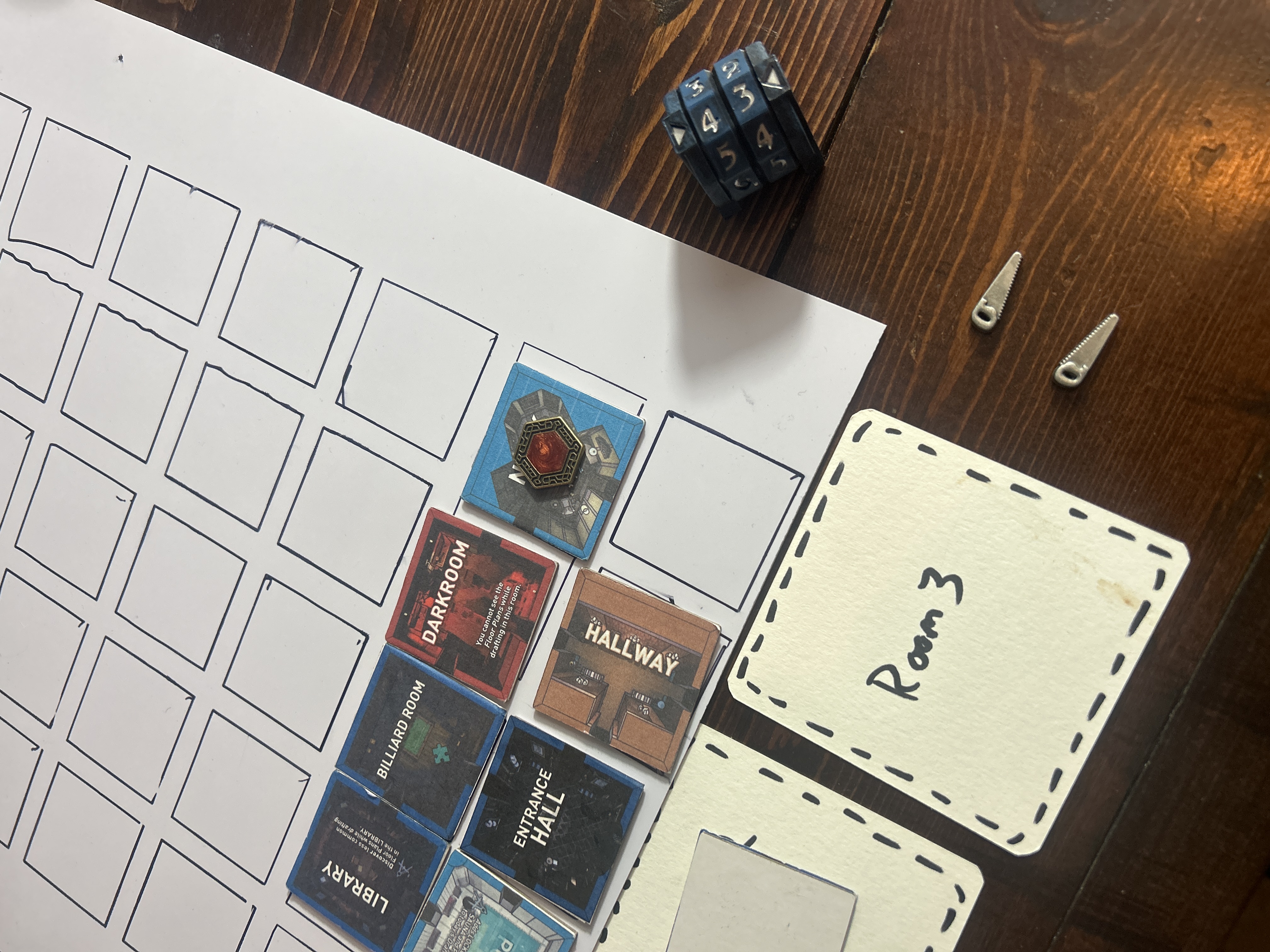 The final board state from Campaign 1 Run 2 — eight rooms placed, no gems collected